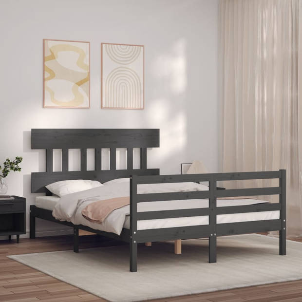 vidaXL Bedframe met hoofdbord massief hout grijs 140x190 cm