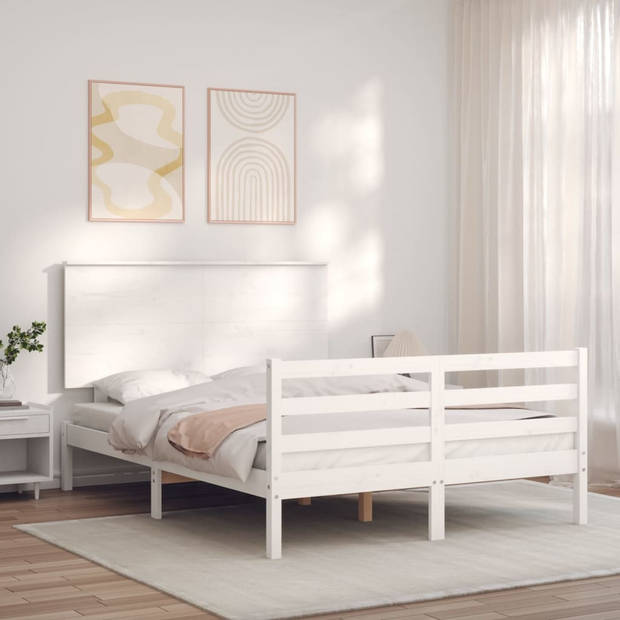 vidaXL Bedframe met hoofdbord massief hout wit 140x190 cm