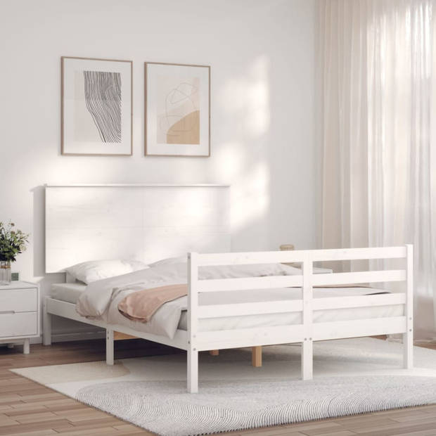 vidaXL Bedframe met hoofdbord massief hout wit 140x190 cm