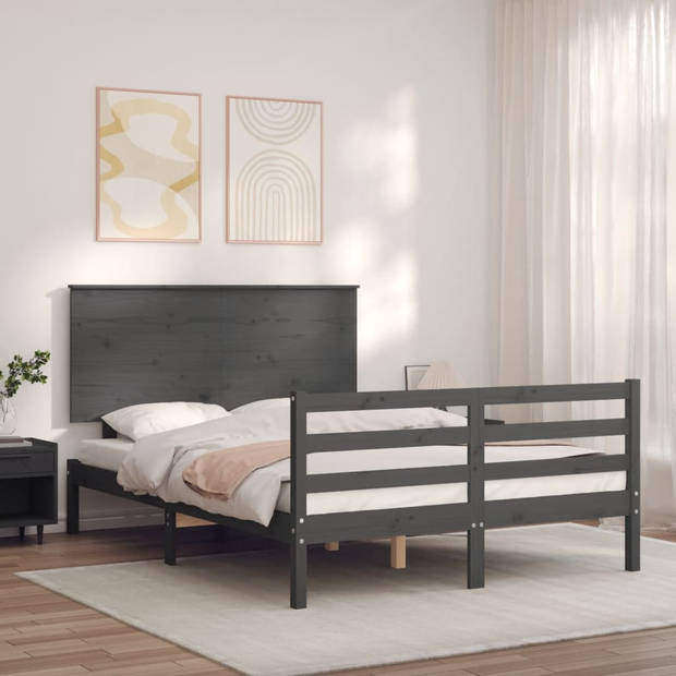 vidaXL Bedframe met hoofdbord massief hout grijs 140x190 cm