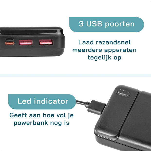 ForDig Oplaadbare Powerbank 20.000mAh - Snel laad functie / Quick charge - Incl. Kabel - 22.5W Snellader - Fast Charge 4