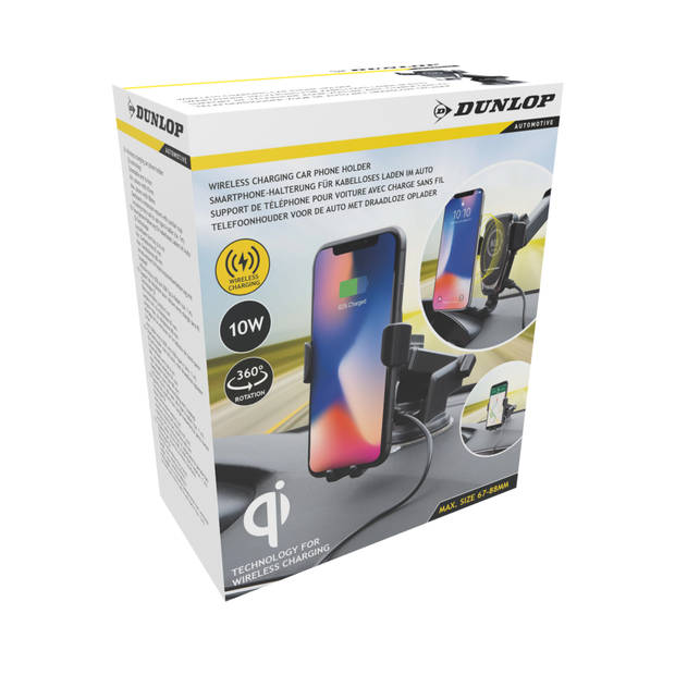 Dunlop Telefoonhouder met Draadloos Opladen - 10W - Qi-Technologie - Zwart