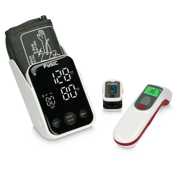 Gezondheidsmonitoring thuis set, bloeddrukmeter, saturatiemeter en infrarood thermometer Fysic