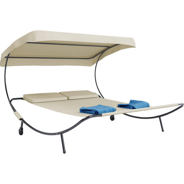 Bindox hangmat, hangendeligstoel dubbele 130x120cm met dak, wielen, 2 kussens créme.