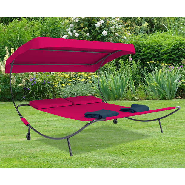 Bindox hangmat, hangendeligstoel dubbele 130x120cm met dak, wielen, 2 kussens rood.