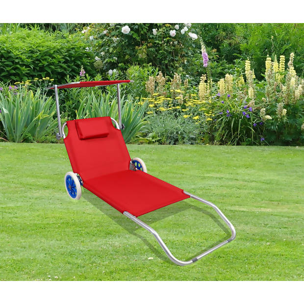 Klara ligstoel inklapbaar met handvat, wielen en dak rood.