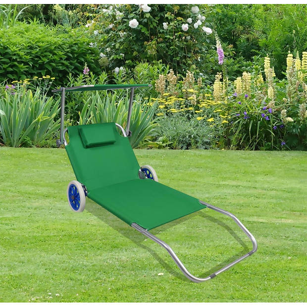 Klara ligstoel inklapbaar met handvat, wielen en dak groen.
