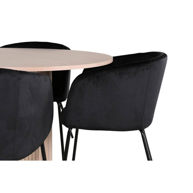 BiancaROWW eethoek eetkamertafel eik fineer wit washed en 4 Berit eetkamerstal velours zwart.