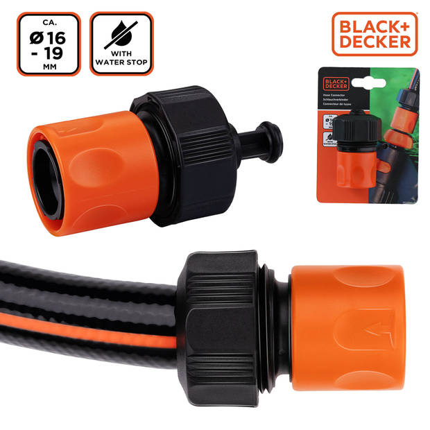 BLACK+DECKER Tuinslang Snelkoppeling - met Waterstop - 5/8'-3/4' - ?16-19 mm - Kunststof - Zwart/ Oranje