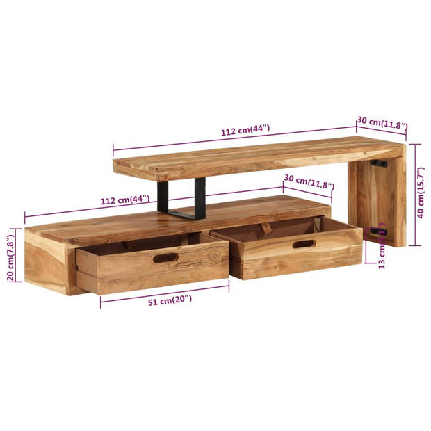 The Living Store TV-meubel - TV-meubel Massief Acaciahout - 112x30x40 cm - Inclusief opbergruimte