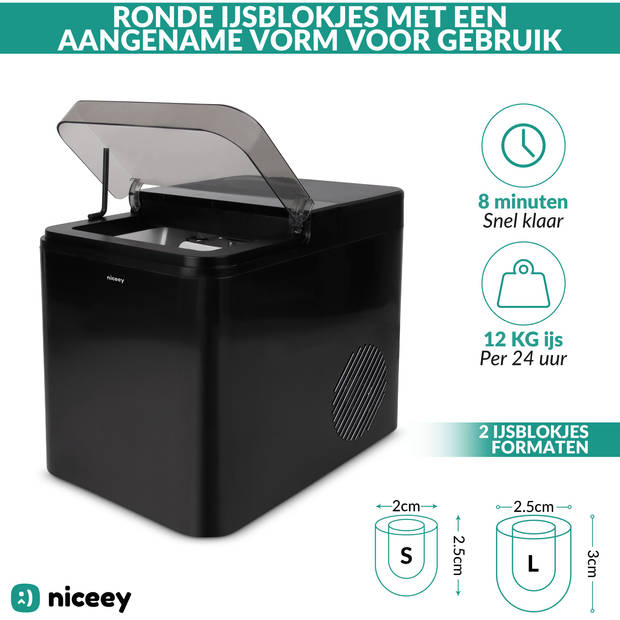 Niceey IJsblokjesmachine Plus - 2 Liter - 6-8 Min. - 12kg/24u - met IJsschep - Zwart