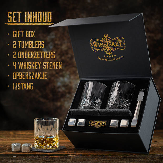 Whisiskey Luxe Whiskey Set - Incl. 2 Whiskey Glazen, 4 Whiskey Stones, 2 Onderzetters, Fluwelen Opbergzak, Opbergbox - W