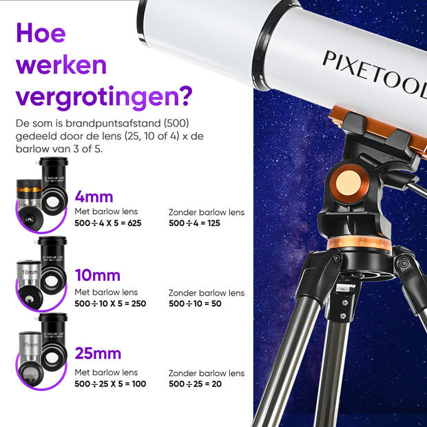 Pixetool Telescoop - 625x Vergroting - Sterrenkijker Volwassenen / Gevorderden - Inclusief Statief en Draagtas - 50080