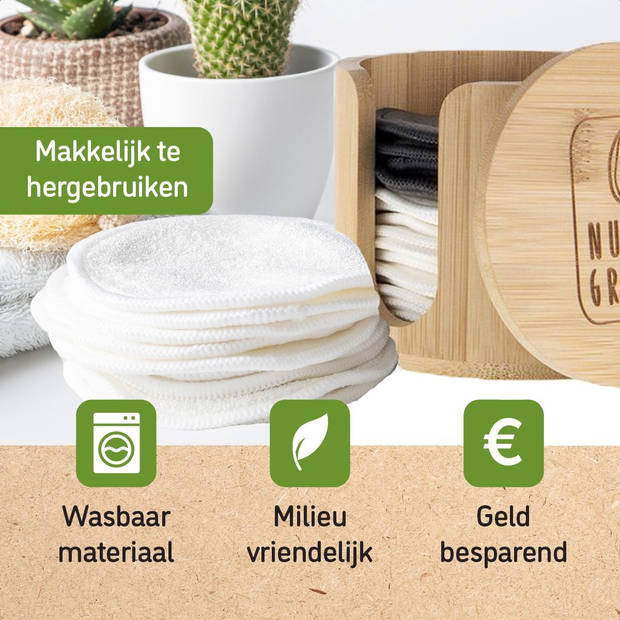 Nutty Green Hypoallergeen Bamboe Wattenschijfjes (16 stuks) - Inclusief Bewaarpot en Gratis Wasnetje - Gezichtsreiniging
