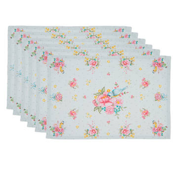 HAES DECO - Set van 6 Placemats - 48x33 cm - 100% Katoen - Cheerful Birdie