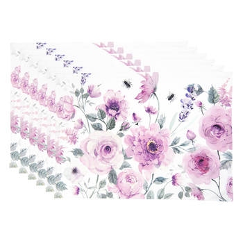 HAES DECO - Set van 6 Placemats - 48x33 cm - 100% Katoen - Roses and Butterflies