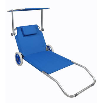 Klara ligstoel inklapbaar met handvat, wielen en dak blauw.