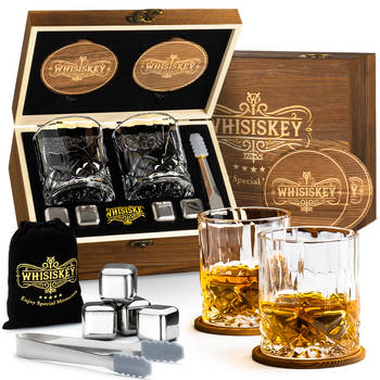 Whisiskey Luxe Whiskey Set - Incl. 2 Whiskey Glazen, 4 RVS Whiskey Stones, 2 Onderzetters, Fluwelen Opbergzak, Opbergbox