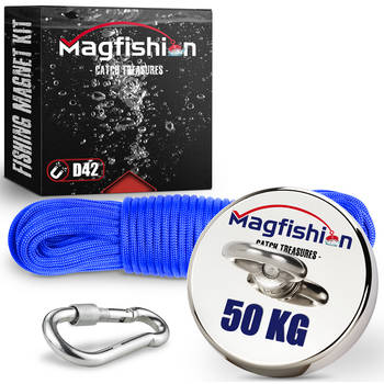 Magfishion Magneetvissen - 50 KG Trekkracht - Mini Vismagneet - 10 Meter Lang Touw + Karabijnhaak met Schroefsluiting -
