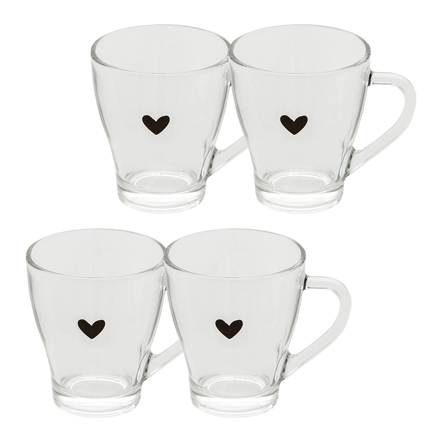 HAES DECO - Set van 4 Theeglazen / Koffieglazen - formaat 11x8x10 cm / 200 ml - kleuren Transparant - Bedrukt Glas - Collectie: Love Birds - Theeglas, Koffieglas, Theemok, Theebeke