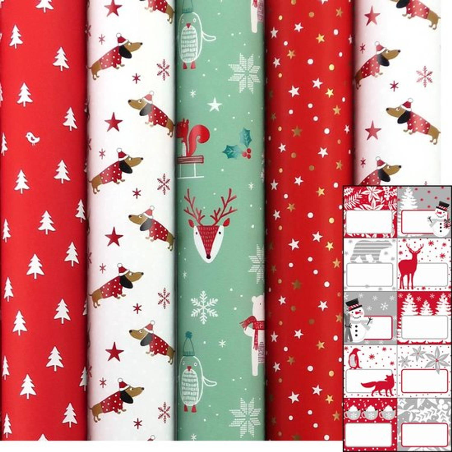 SANTAS HELPER - kerstpapier assortiment cadeaupapier inpakpapier voor kerstmis - 2 meter x 70 cm - 5 rollen - inclusief labels