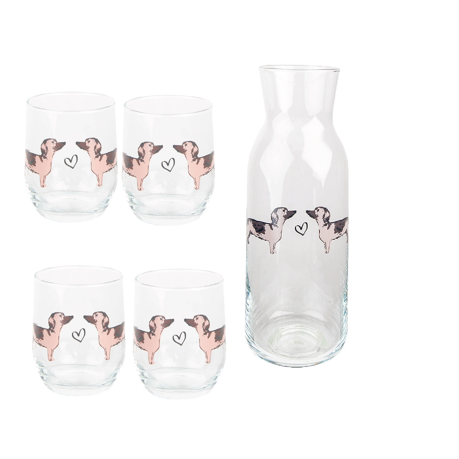 HAES DECO - Waterglas, Drinkglas set van 4 glazen + Karaf - inhoud glas 260 ml - formaat glas Ø 8x9 cm - Collectie: Dachshund Love - Waterglazen, Drinkglazen