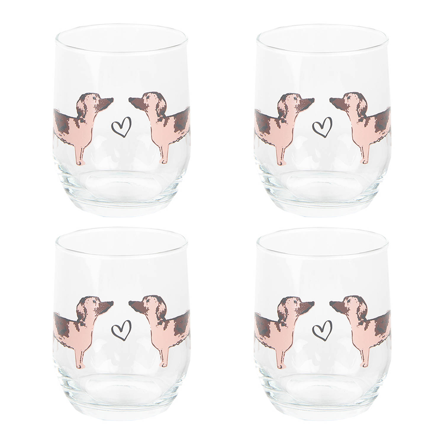 HAES DECO - Waterglas, Drinkglas set van 4 glazen - inhoud glas 260 ml - formaat glas Ø 8x9 cm - Collectie: Dachshund Love - Waterglazen, Drinkglazen