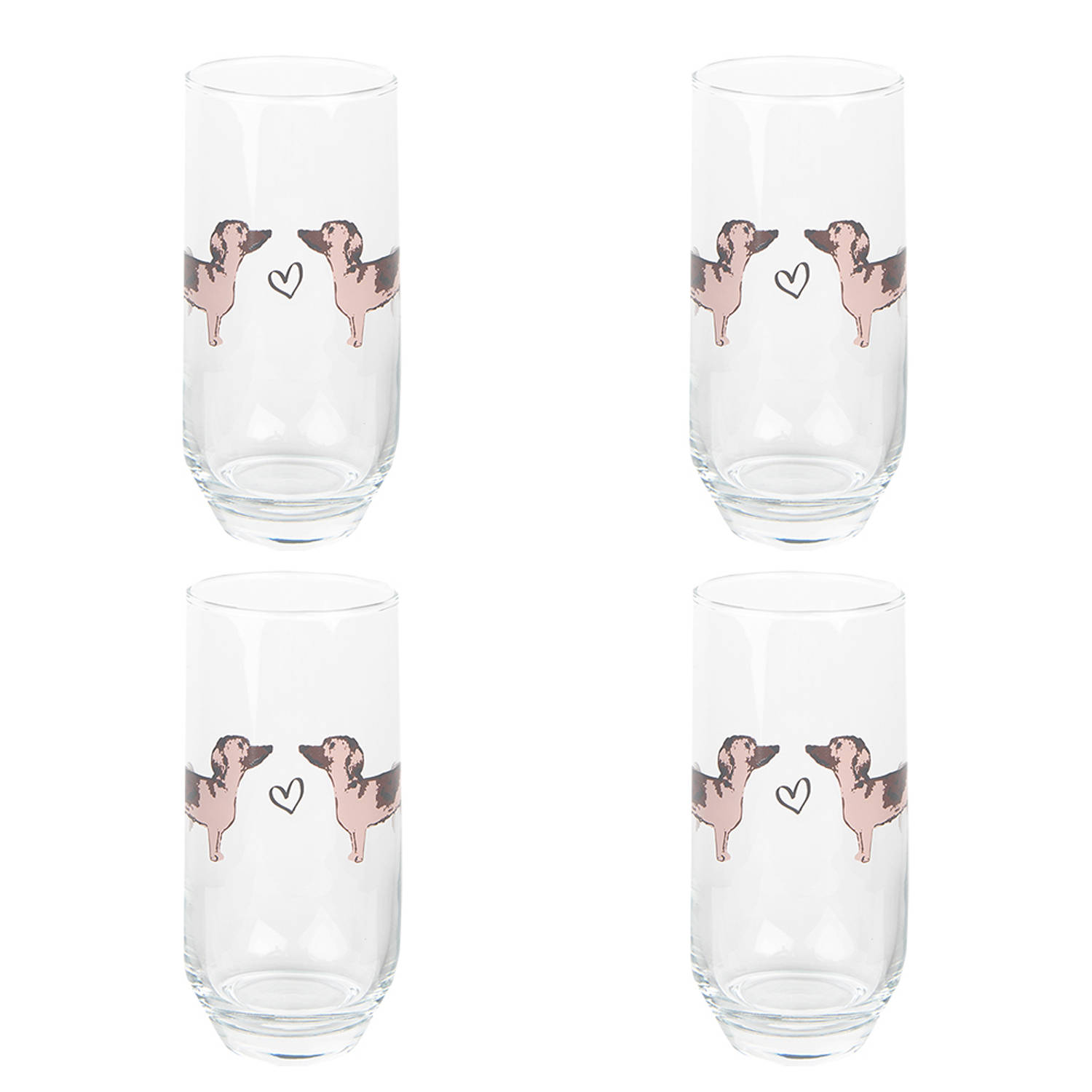 HAES DECO - Waterglas, Drinkglas set van 4 glazen - inhoud glas 380 ml - formaat glas Ø 7x14 cm - Collectie: Dachshund Love - Waterglazen, Drinkglazen