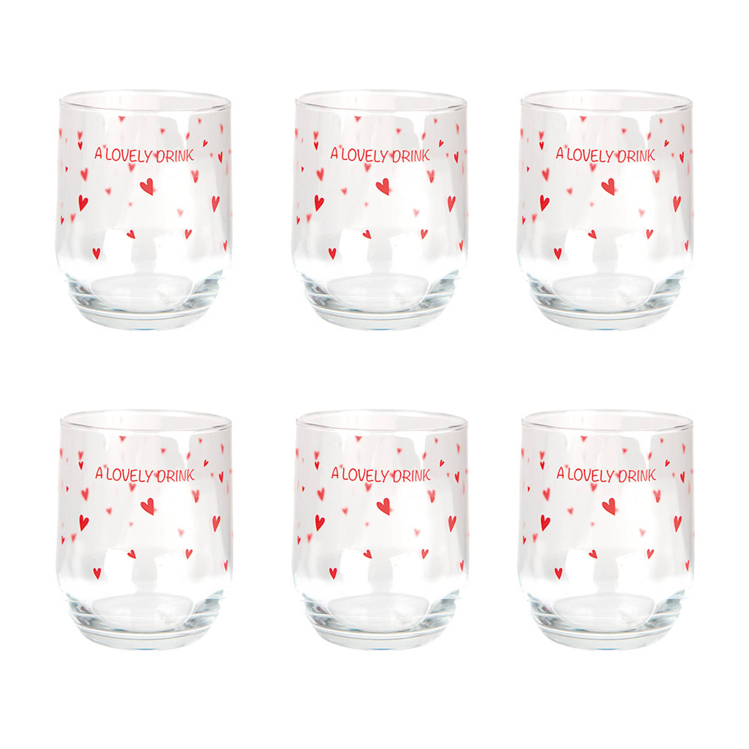 HAES DECO - Set van 6 Waterglazen - formaat Ø 8x9 cm / 300 ml - Kleur Transparant - Bedrukt Glas - Collectie: Frosty and Sweet - Waterglas, Drinkglas