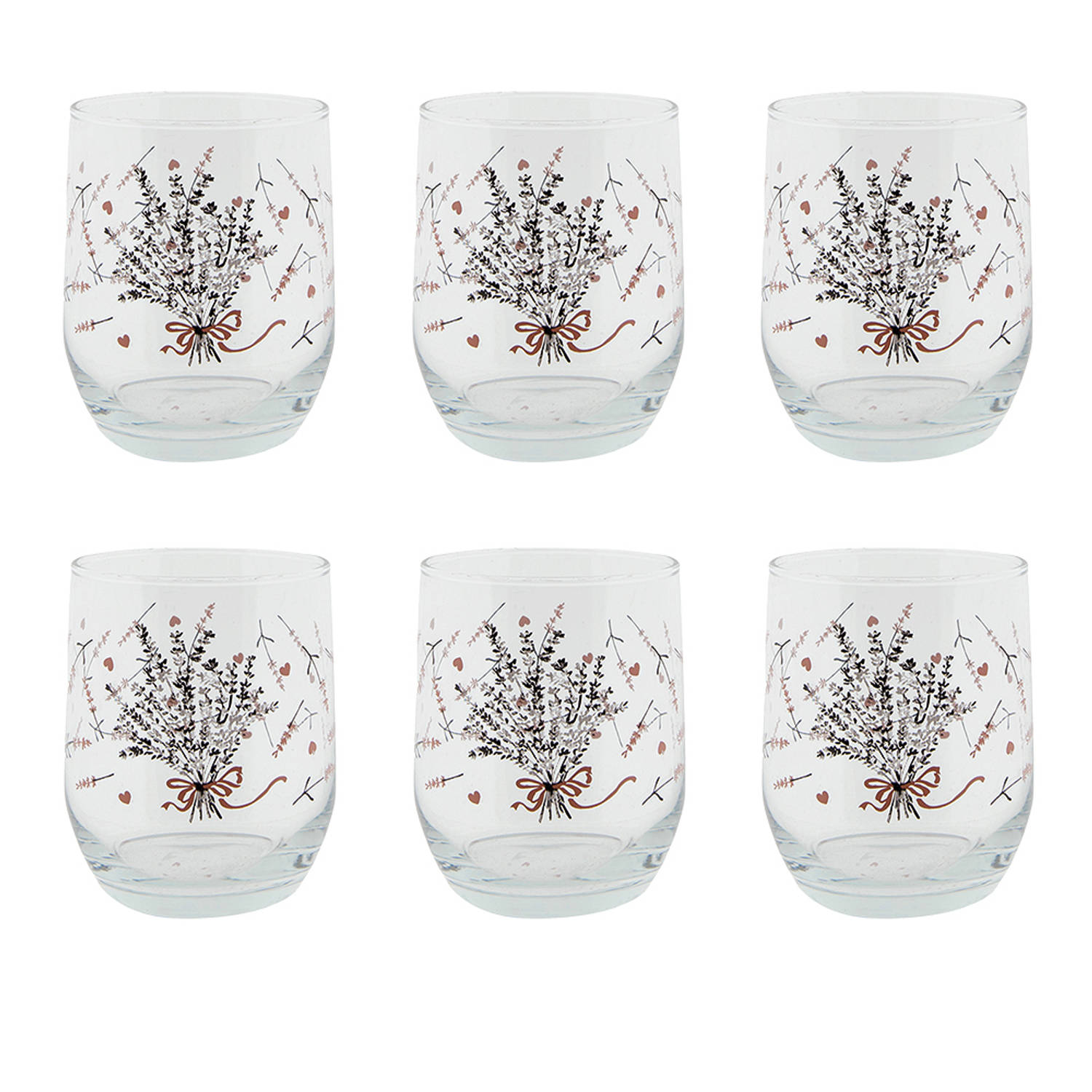 HAES DECO - Set van 6 Waterglazen - formaat Ø 8x9 cm / 300 ml - Kleur Transparant - Bedrukt Glas - Collectie: Lavender Garden - Waterglas, Drinkglas
