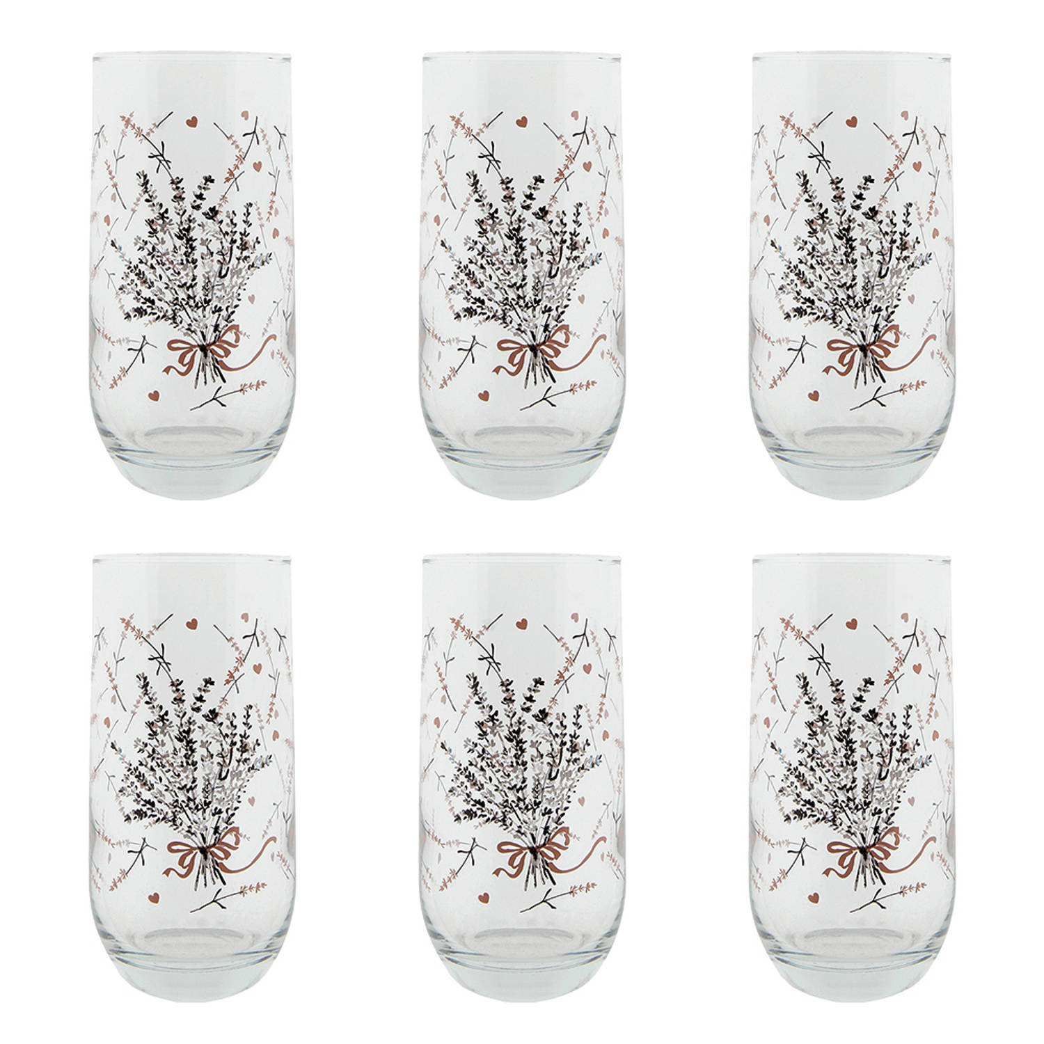 HAES DECO - Set van 6 Waterglazen - formaat Ø 6x14 cm / 280 ml - Kleur Transparant - Bedrukt Glas - Collectie: Lavender Garden - Waterglas, Drinkglas