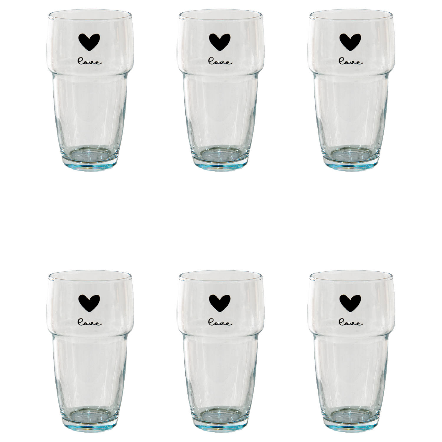 HAES DECO - Set van 6 Waterglazen - formaat Ø 8x13 cm / 250 ml - Kleur Transparant - Bedrukt Glas - Collectie: Love Birds - Waterglas, Drinkglas