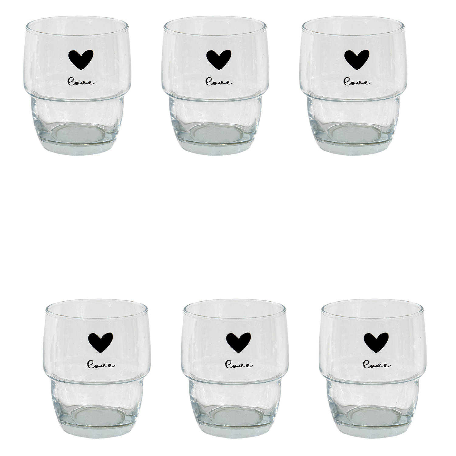 HAES DECO - Set van 6 Waterglazen - formaat Ø 8x9 cm / 200 ml - Kleur Transparant - Bedrukt Glas - Collectie: Love Birds - Waterglas, Drinkglas