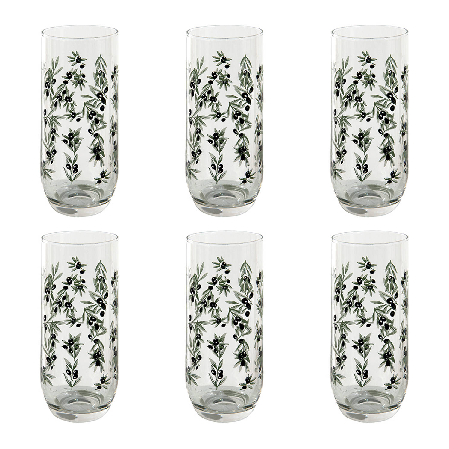 HAES DECO - Set van 6 Waterglazen - formaat Ø 6x14 cm / 280 ml - Kleur Transparant - Bedrukt Glas - Collectie: Olive Garden - Waterglas, Drinkglas