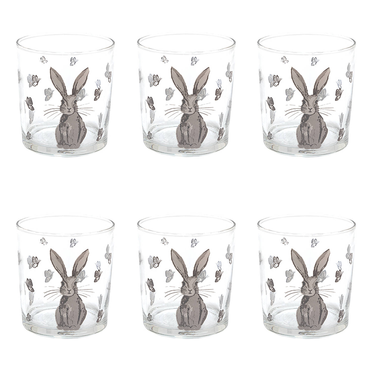 HAES DECO - Set van 6 Waterglazen - formaat Ø 8x9 cm / 250 ml - Kleur Transparant - Bedrukt Glas - Collectie: Rustic Easter Bunny - Waterglas, Drinkglas