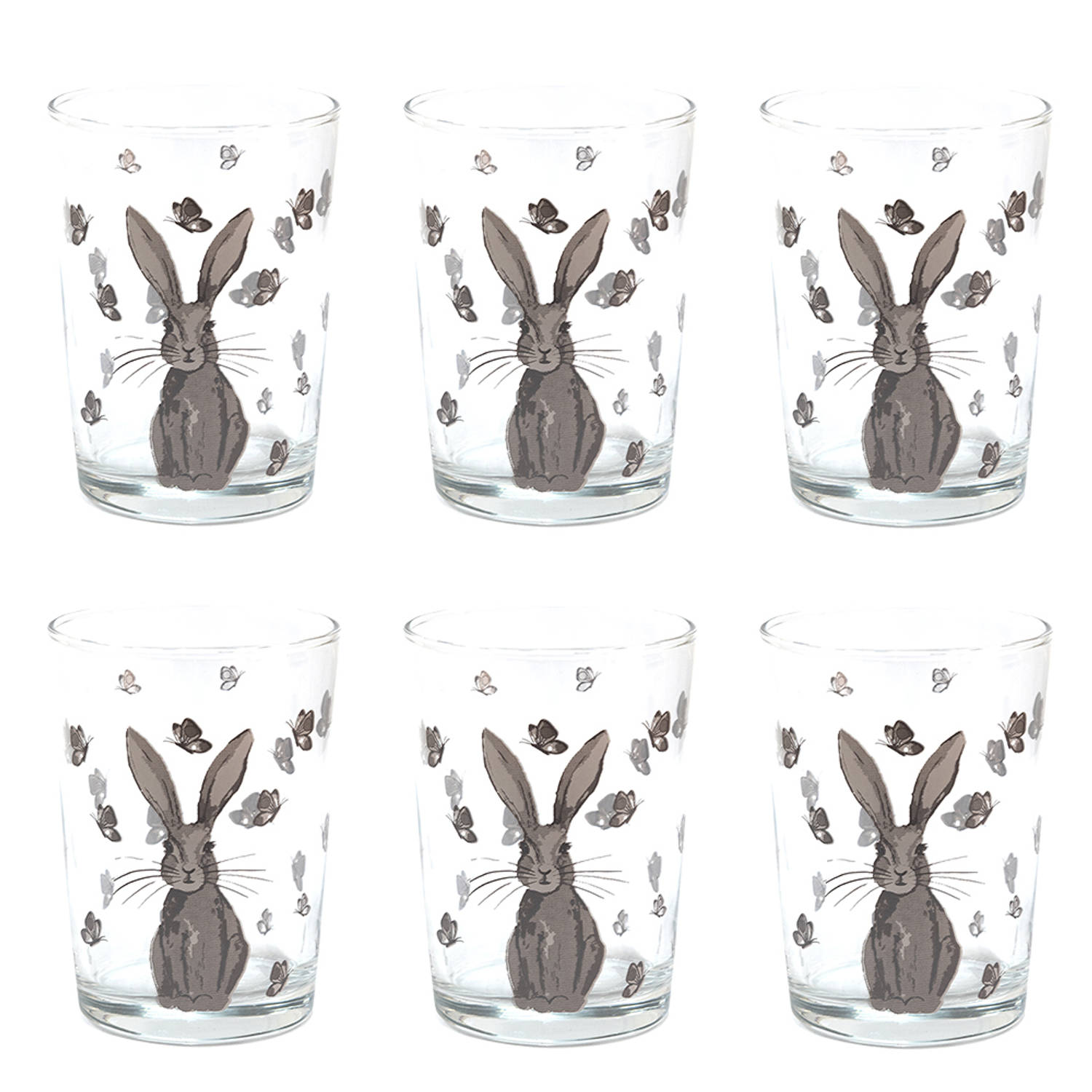 HAES DECO - Set van 6 Waterglazen - formaat Ø 8x12 cm / 400 ml - Kleur Transparant - Bedrukt Glas - Collectie: Rustic Easter Bunny - Waterglas, Drinkglas