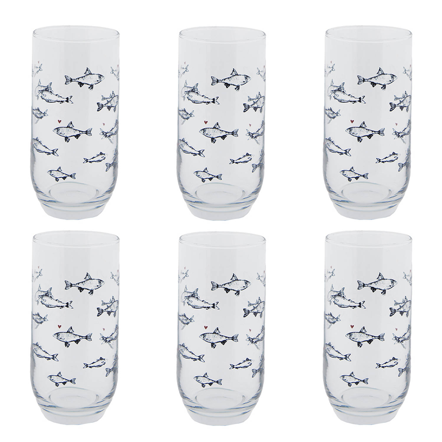 HAES DECO - Waterglas, Drinkglas set van 6 glazen - inhoud glas 380 ml - formaat glas Ø 7x14 cm - Collectie: Sun Sea & Fish - Waterglazen, Drinkglazen