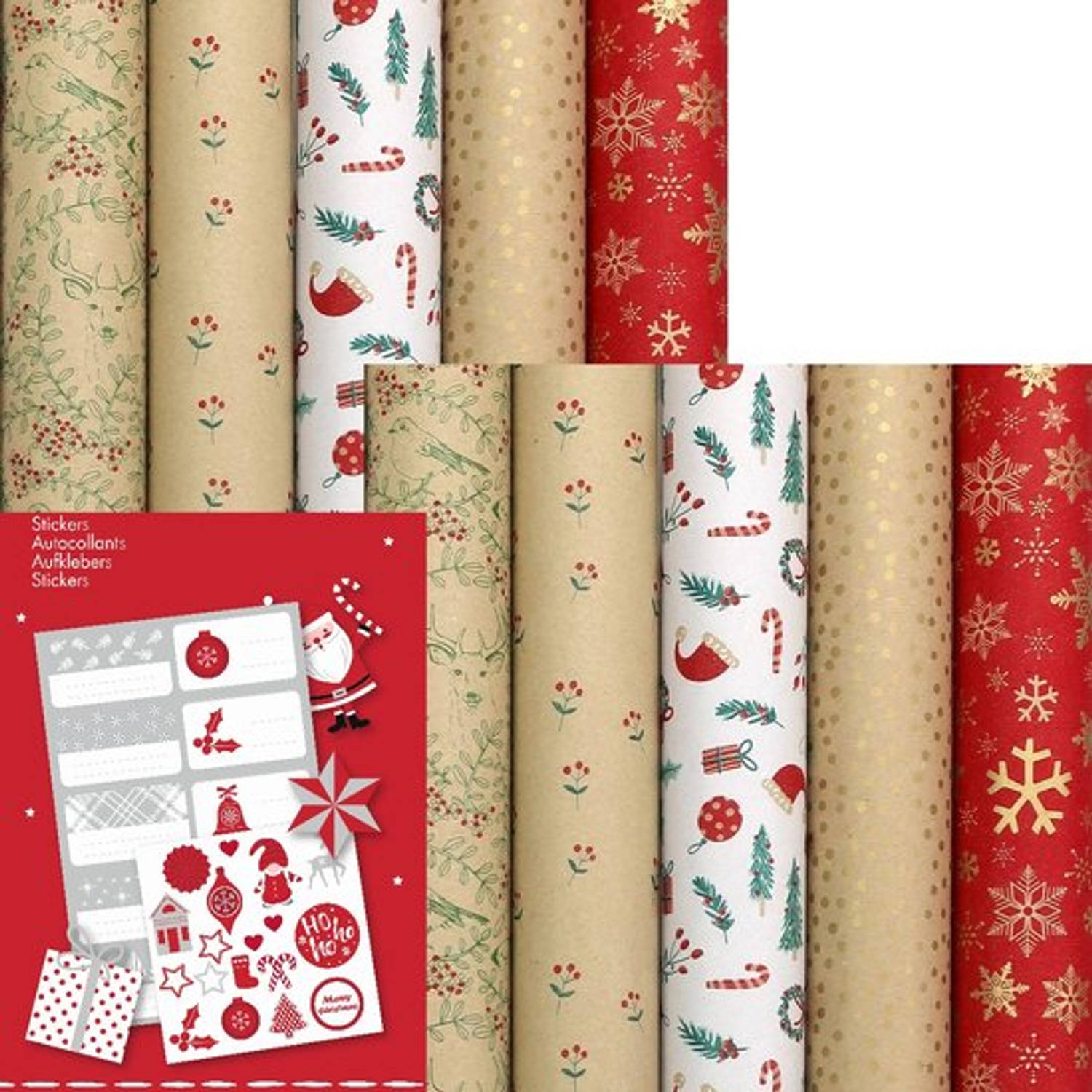 WINTER GARDEN - kerstpapier assortiment cadeaupapier inpakpapier voor kerstmis - 2 meter x 70 cm - 10 rollen - inclusief labels
