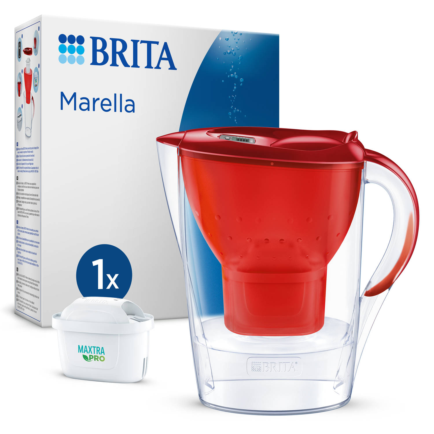 BRITA Marella Cool Waterfilterkan met 1 stuk MAXTRA PRO ALL-IN-1 Filterpatroon - 2,4L - Rood - (SIOC) Duurzaam verpakt voor minder afval | Optimaal Hydrateren met Brita Maxtra Filt
