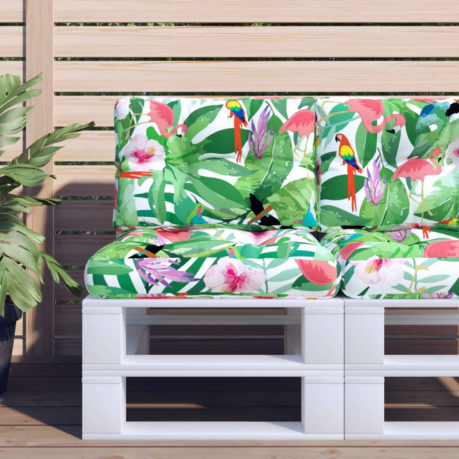 The Living Store Palletkussens - Comfortabele polyester kussens - 60 x 60 x 12 cm - Met vogels - bladeren en bloemen