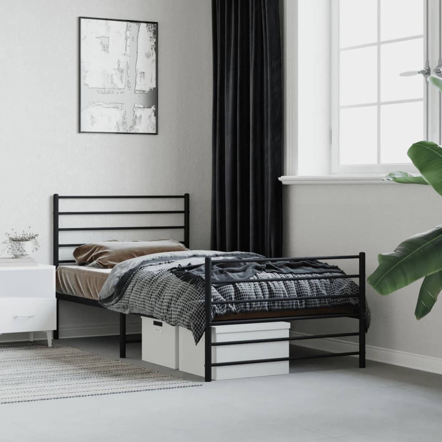 The Living Store Bedframe met hoofd- en voeteneinde metaal zwart 107x203 cm - Bed