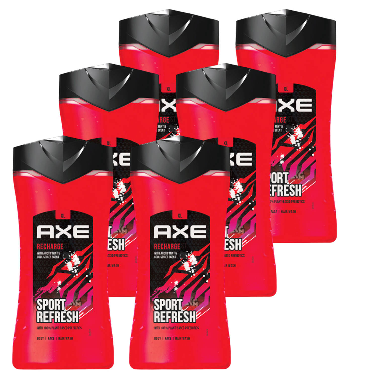 Axe 3-in-1 Douchegel, Facewash & Shampoo - Sport Recharge - 6 x 400 ml - Voordeelverpakking
