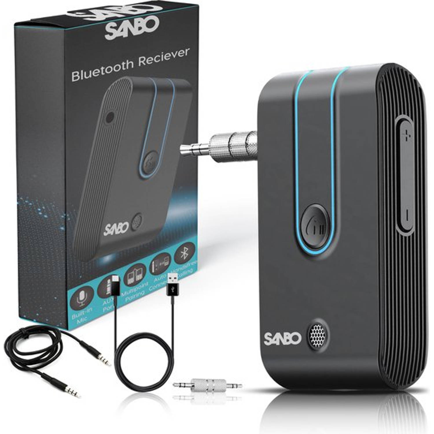 Sanbo Bluetooth Receiver BT7 - Zwart / Blauw - Batterijduur 12 uur - BT 5.0 - 3.5mm Aux - Bluetooth Ontvanger - Handsfree Bellen - Audio Receiver