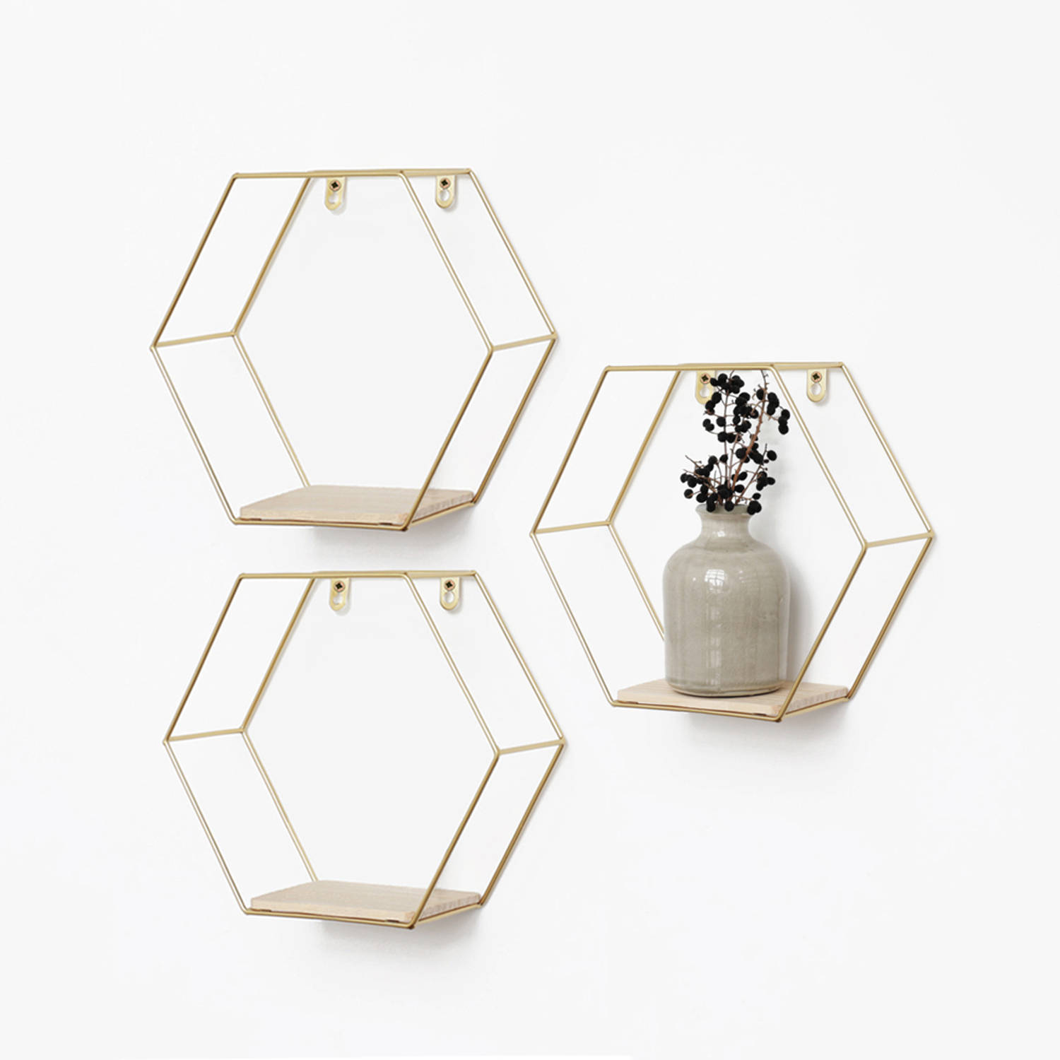 Set van 3 zeshoekige metalen wandrekjes met houten plankje Goud
