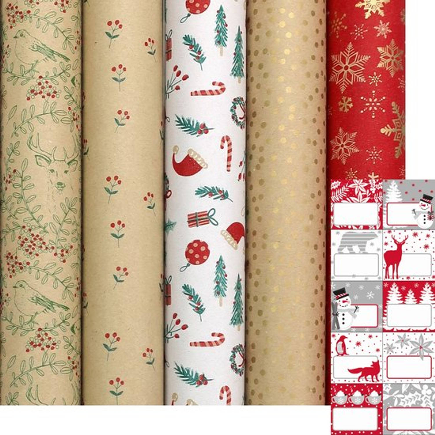WINTER GARDEN - kerstpapier assortiment cadeaupapier inpakpapier voor kerstmis - 2 meter x 70 cm - 5 rollen - inclusief labels