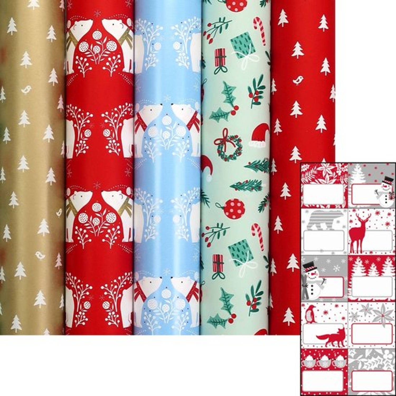 COSY COTTAGE - kerstpapier assortiment cadeaupapier inpakpapier voor kerstmis - 2 meter x 70 cm - 5 rollen - inclusief labels