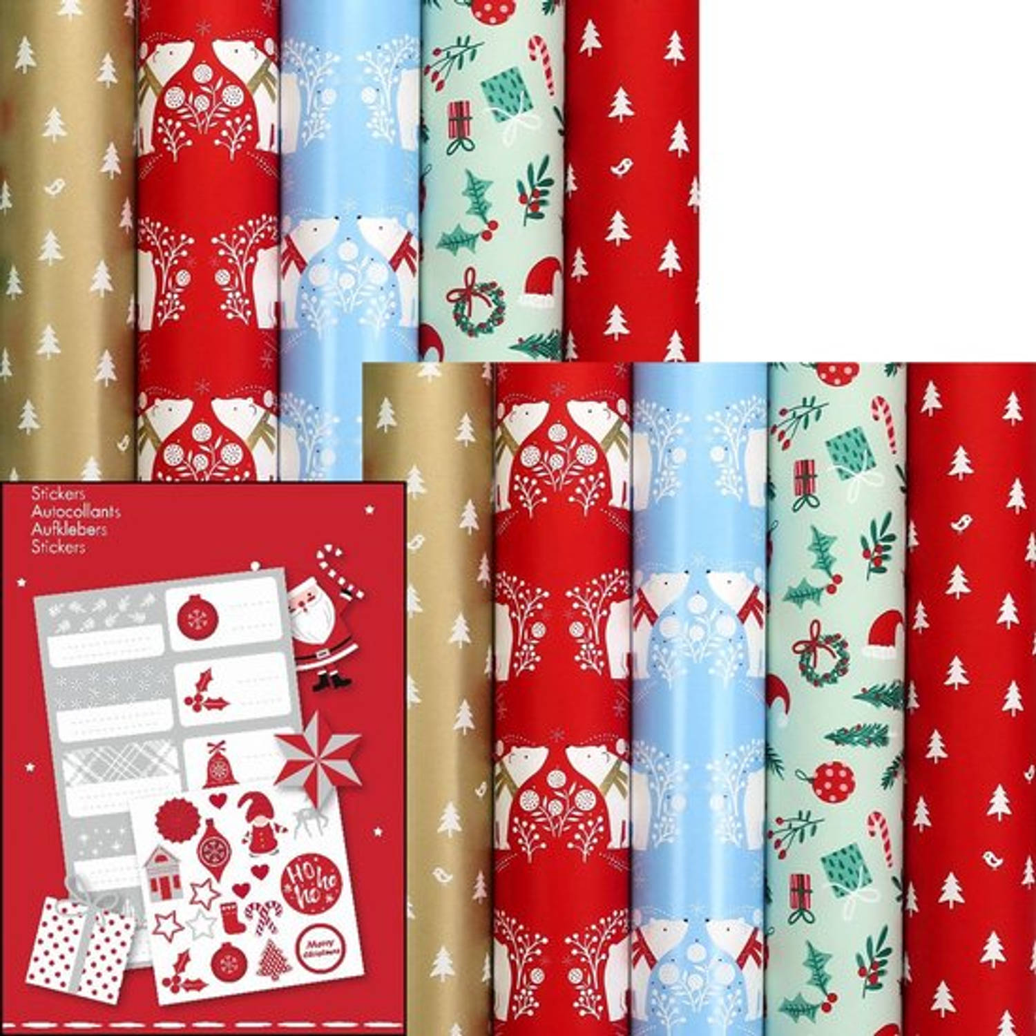 COSY COTTAGE - kerstpapier assortiment cadeaupapier inpakpapier voor kerstmis - 2 meter x 70 cm - 10 rollen - inclusief labels