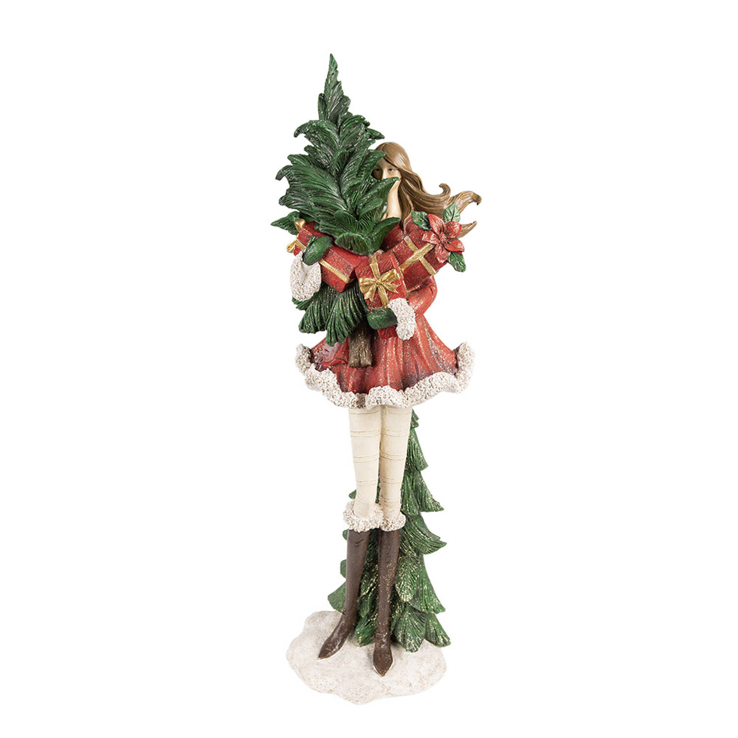 Clayre & Eef Beeld Meisje 17x13x49 cm Rood Polyresin Kerstdecoratie
