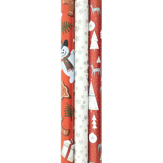 Assortiment cadeaupapier - inpakpapier voor kerst rood en wil - 200 x 70 cm - 3 rollen