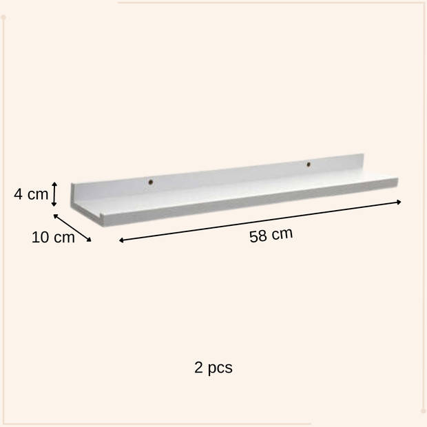 MISOU Wandplank - Zwevend - Fotoplank - Boekenplank - 2 Stuks - Wit - 58x10x4cm - MDF